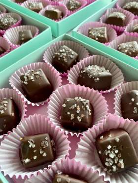 Dark Sea Salt Chocolate Caramel 12/Box Made By Nantasket Sweets In A Gift Box