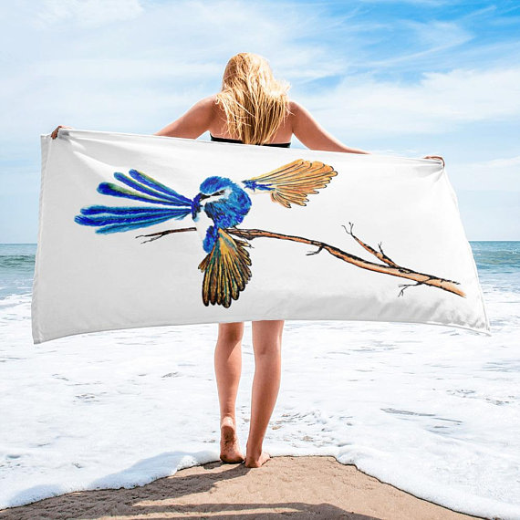 Australian Blue Fairy Wren Bird Luxury Beach Towel Ink Painting Art
