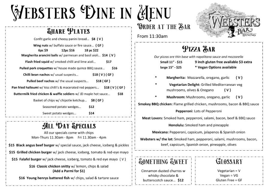 Webster's Bar Menu