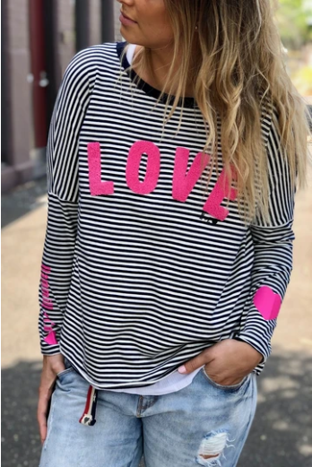 CAT HAMMILL RETRO LOVE LONG SLEEVE STRIPE TEE NAVY WHITE