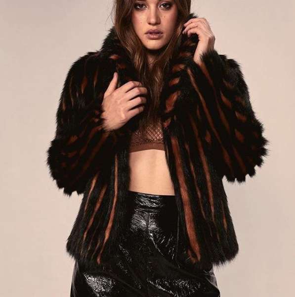 UNREAL FUR WOMENS MADAM PURR FAUX FUR JACKET - BLACK & TAN