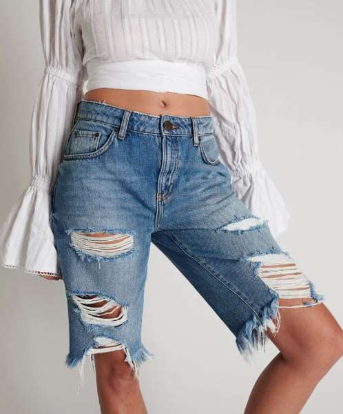 ONETEASPOON WOMENS DELAWARE CUT OFF ORGANIC SUSTAINABLE TRUCKERS MID WAIST LONGLINE SHORT - BLUE