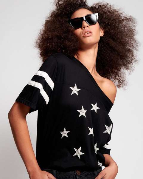 ONETEASPOON WOMENS STARS BOYFRIEND SPORTS STRIPE TEE - BLACK