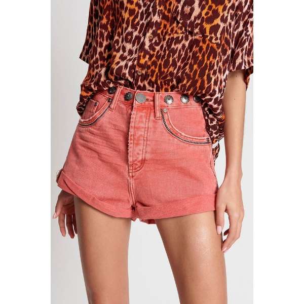 ONETEASPOON WOMENS CORAL STUDDED BANDITS HIGH WAIST DENIM SHORT - CORAL