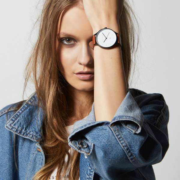 STATUS ANXIETY INERTIA WATCH - BLACK CASE - WHITE FACE - TAN LEATHER STRAP