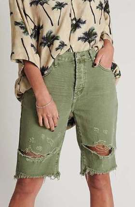 ONETEASPOON WOMENS SUPER KHAKI CUT OFF TRUCKERS MID WAIST LONG LENGTH SHORT - SUPER KHAKI