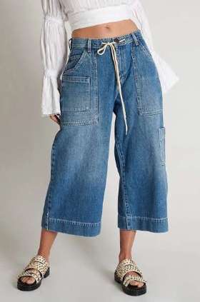 ONETEASPOON WOMENS DELAWARE UTILITY ORGANIC SUSTAINABLE BAD BOYS HIGH WAIST WIDE LEG JEAN - BLUE