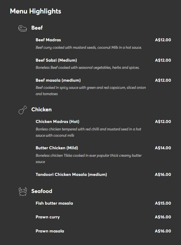 Menu Highlights