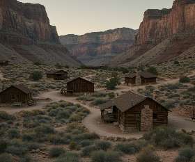 Phantom Ranch cabins nestled on the Grand Canyon floor surrounded by cliffs