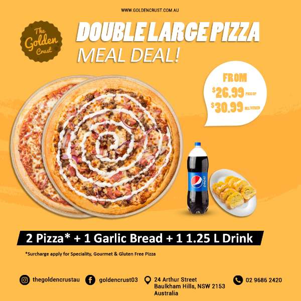 DOUBLE MEAL DEAL - PIZZA, GARLIC BREAD, LARGE DRINK