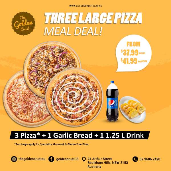 TRIPLE MEAL DEAL - 3 PIZZA, GARLIC BREAD, LARGE DRINK