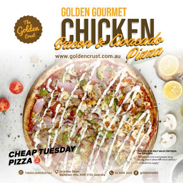 GOLDEN'S CHICKEN, BACON, & AVOCADO PIZZA