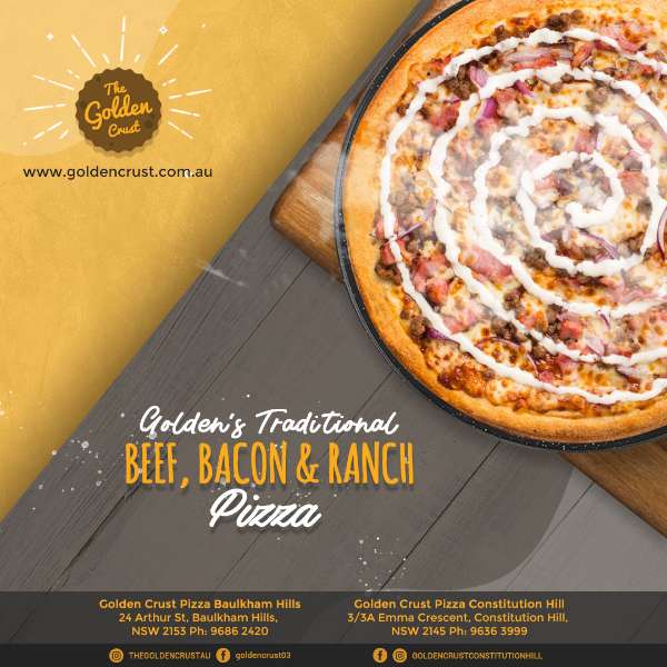 Golden's Traditional Beef, Bacon & Ranch pizza