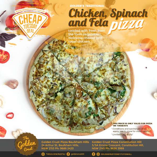 Golden’s Traditional Chicken, Spinach and Feta Pizza
