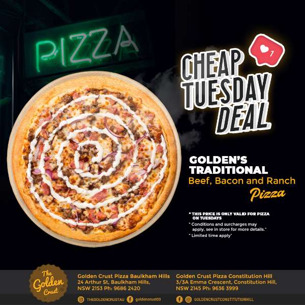 Golden’s Traditional Beef, Bacon and Ranch Pizza