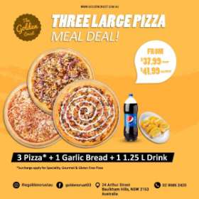 TRIPLE MEAL DEAL - 3 PIZZA, GARLIC BREAD, LARGE DRINK