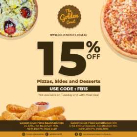 GOLDEN CRUST'S DEAL: 15% OFF ANY PIZZAS, SIDES, DESSERTS