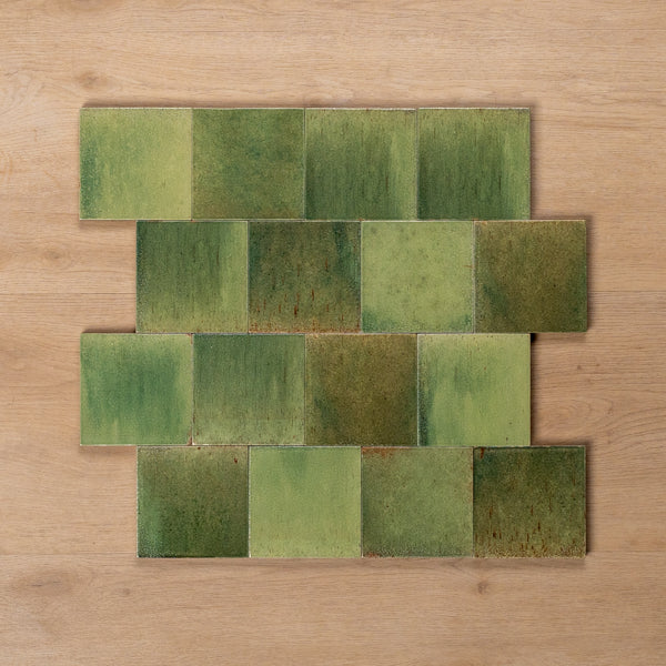 Sicily Giada Green Gloss Zellige Cushioned Edge Porcelain Tile 100x100mm