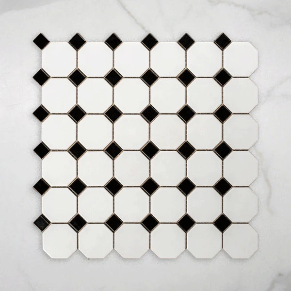 St Kilda Matt White Octagon with Black Dot Porcelain Period Mosaic Tile 97x97mm