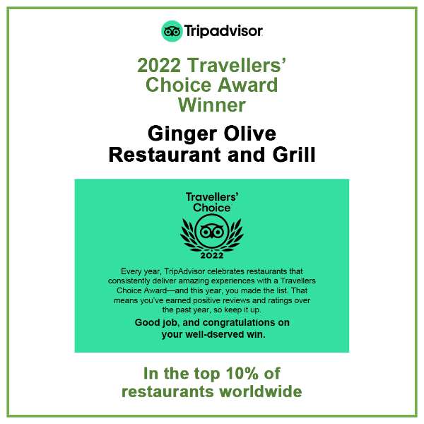 Ginger Olive Restaurant and Grill Wins 2022 Tripadvisor Travelers’ Choice Award for Restaurants