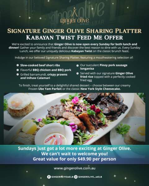 Discover the Signature Ginger Olive Sharing Platter – Kabayan Twist Feed Me Offer in Melbourne