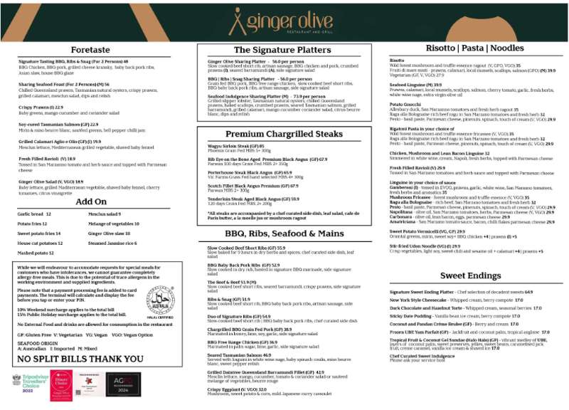 Ginger Olive Restaurant & Grill Menu