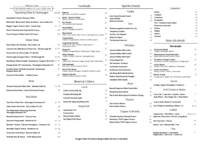 Ginger Olive Restaurant & Grill Beverage Menu