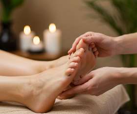 Therapist performing foot reflexology on relaxed client in a calming spa environment