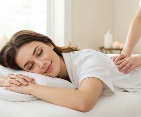 Happy woman enjoying a foot reflexology session in a soothing spa setting