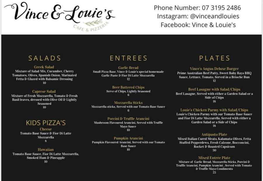 Menu at Vince & Louie's Café & Pizzeria Everton Hills, QLD