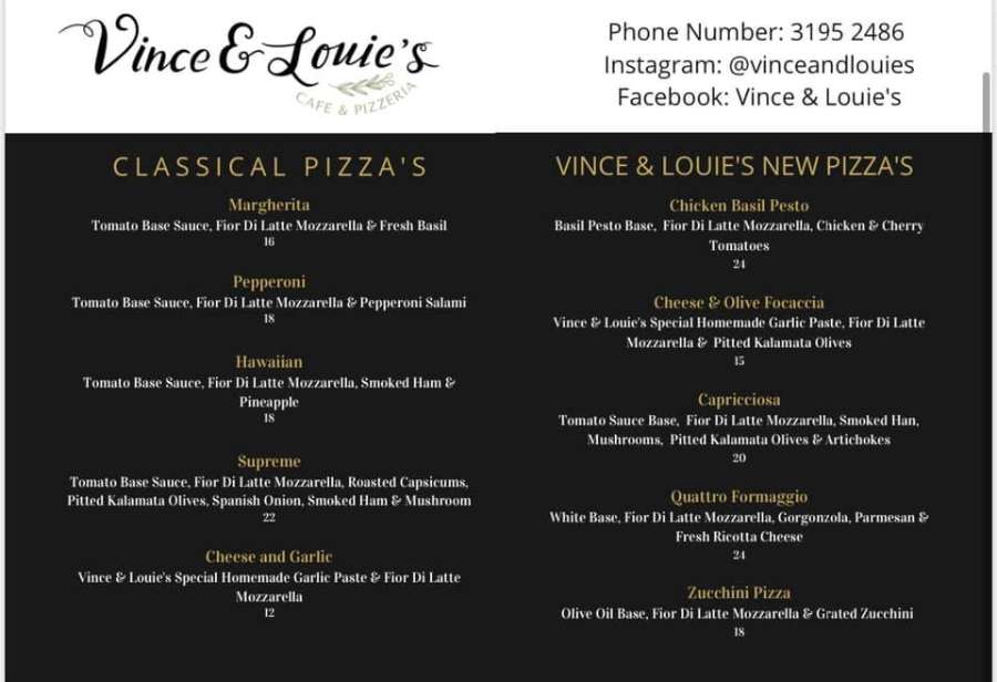 Menu at Vince & Louie's Café & Pizzeria Everton Hills, QLD