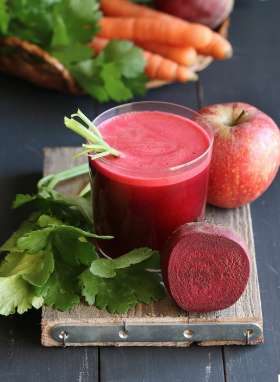 Veggie juice - beetroot, carrot, apple, celery, ginger and lemon. 