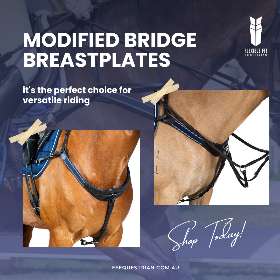 Meet our Modified Bridge Breastplate in Black & Havana with Blue and White Elastic - by FFEquestrian