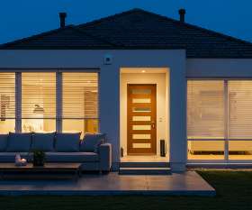 Modern home with motorized window blinds enhancing home security, integrating smart window treatments with smart home systems.