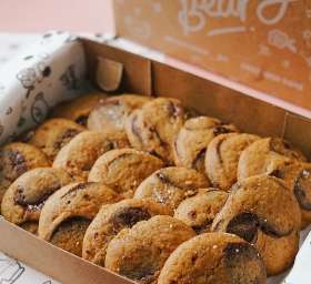 Our best seller cookies of all time! Dark Choc Sea Salt Cookies in our box of 18 | Honeybear Bakery