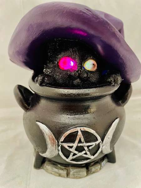 Cat Witch with Light-Up Eyes in Cauldron